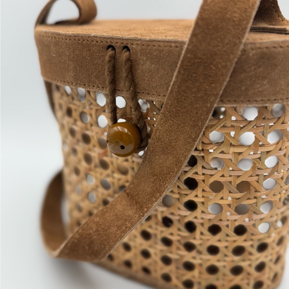 Cane Rattan And Suede Crossbody Bucket Bag - Picture 5 of 12